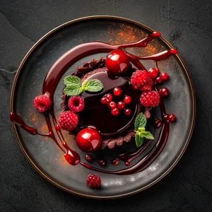 From above, this dessert appears as a polished, dark mirror framed by a crispy tart shell. Dotted artistically across the smooth reflectivity are shining orbs of fresh, radiant red berries. Adjoining are streaks of vivid, ruby-red berry coulis, their swooping arcs adding an abstracted, painterly flair.