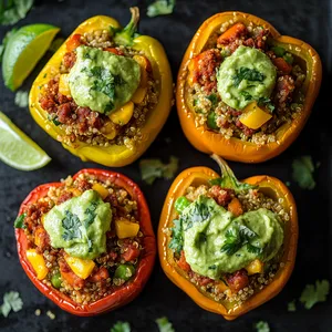 You see three vibrantly colored bell peppers, their tops sliced open to reveal a hearty filling of quinoa, chorizo, and veggies, speckled with melted cheese. They sit on a pool of green avocado cream, decorated with sprigs of fresh cilantro. A lime wedge adds a pop of color.