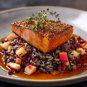 A beautiful deep orange tuna fillet rests atop a bed of wild rice peppered with shades of red and green from the diced apple and herbs. The fillet glistens with the amber-hued cider glaze, while a spattering of wild rice and thyme sprigs surrounds the plate, framing it like a fall leaf.