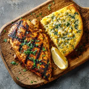 On a rustic serving board rests a bronzed, grill-marked piece of chicken. Next to it is a golden-hued corn pudding, its consistency molten, sparkling with specks of green herbs. The chicken is adorned with a sprinkle of fresh cilantro and a slice of lemon.