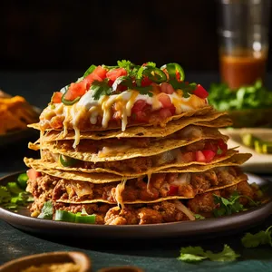 These tacos are arranged in layers, with each layer adding more color and flavor to the dish. Starting with a base of crispy tortilla chips, followed layers of beans, seasoned meat or tofu, guacamole, salsa, shredded cheese, and topped with an assortment of diced tomatoes, jalapenos, and cilantro.