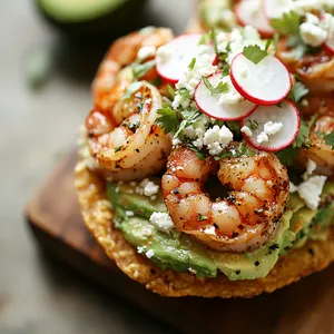 A vibrant spectacle of ruby-red shrimp atop a velvety layer of bright green avocado cream, all nestled on a golden, crispy tostada. Garnished with transparently thin slices of radishes and crowned with a sprinkle of crumbled queso fresco and cilantro, the dish bursts with color and texture.