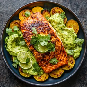 A beautifully seared salmon fillet sits atop a vibrant bed of sautéed summer squash. The salmon is glazed in a deep, rich chipotle sauce, garnished with lime slices and cilantro leaves. Swirls of vibrant green aioli and bits of creamy avocado peek from under the salmon adding layers of beauty and intrigue.