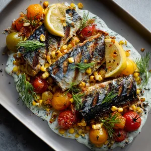 The tantalizing mackerel with charred edges rests on a bed of multi-colored heirloom tomatoes and grilled corn, all drifting on a creamy oasis of yogurt dill dressing. Slices of lemon and sprigs of dill adorn the top for a tasteful finishing touch.