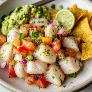A vibrant dish on a white, ceramic plate: glossy chunks of 'cooked' white fish brightly speckled with small cuts of red tomatoes and green jalapenos. Coriander leaves are sprinkled for a fresh greenness against the white, and red onions lend a beautiful purple pop of color. A spoonful of creamy guacamole and a side of crispy corn chips add a textural contrast.