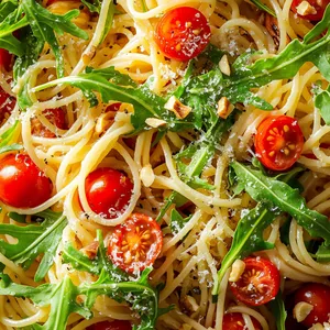 A vibrant, colorful maze of al dente spaghetti threads tangled with bright green arugula and dotted with crimson cherry tomatoes. There's an appealing gloss from the soy-citrus sauce, a sprinkle of golden-brown toasted walnuts adorning the pasta, and a scattering of wispy Parmesan shavings hovering above. The scene is full of contrasting textures and popping colors.