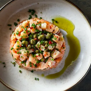 A neatly shaped mound of finely chopped iridescent trout dominates the plate, speckled with vibrant green chives and pops of red chili flecks. Loosely scattered around the tartare are the golden, crisp capers and tiny squares of dark rye bread. A final drizzle of olive oil over everything adds a lustrous finish.