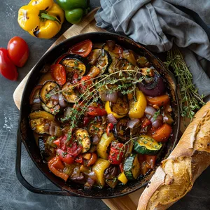 A vibrant rainbow of softened vegetables, with hues of red, yellow, green and purple, coated in a rich, glossy tomato sauce. Balmy sprigs of fresh thyme rest on top, while a golden crusty baguette lays nearby, ready to soak up the flavorful juices.
