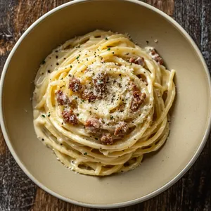 The final dish is served in a deep beige pasta bowl showcasing a nest of pasta strands generously coated with a creamy, golden sauce. The pasta is speckled with bits of crispy browned guanciale, and is finished off with a hearty sprinkle of grated pecorino and freshly ground black pepper. The dish exudes warmth, elegance, and is bound to make mouths water at its sight.