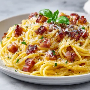 This plate of golden spaghetti is enveloped in a creamy, yolky sauce, peppered throughout with crispy, caramelized chunks of cured pork. The pasta is sprinkled with finely grated cheese, each strand glistening under a dusting of black pepper. A sprig of basil adds a pop of bright green to the dish, making it just as sumptuous to the eyes as to the taste buds.
