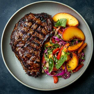 A succulent, charred steak with a rich, mahogany bark dominates the plate with its tantalizing coffee-scented aroma. Nestled beside, a crunchy jumble of vibrant summer slaw; luscious red bell peppers and sun-kissed slices of peach co-mingle with verdant herbs, giving a pop of cheery colour contrast and fresh appeal.