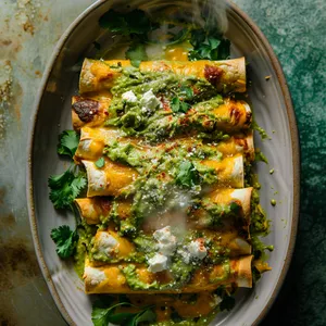 Picture two beautifully golden, baked enchiladas sitting atop a vibrant smear of creamy avocado puree. They're generously filled with wilted collard greens mingling with smoky chili flavors, and a sparkling sprinkle of queso fresco is the final touch. Wisps of steam rise gently from the rolls richly contrasting against the fresh green and white backdrop.
