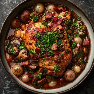 A deep, burgundy-stained chicken amidst a sea of glossy, wine-infused sauce, dotted with pearl onions and sautéed button mushrooms. Specks of vibrant green herbs offer a delightful contrast, while crispy bacon pieces add an inviting texture. The dish is generously sprinkled with fresh chopped parsley and thyme for a refreshing, verdant finish.