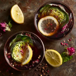 A dark hued liquid fills two crystal rocks glasses. Twisted lemon rinds gracefully perch on the rims of the glasses. Small cabbage leaves, fresh lemon slices, and a dusting of pink peppercorns float on the surface, creating a beautiful contrast. A warm, misty background completes the cozy vibe.