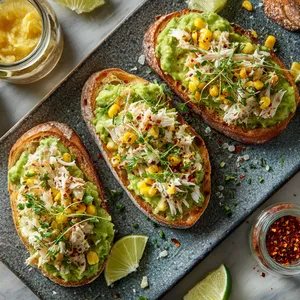 Golden rustic sourdough slices topped with creamy avocado spread, crowned with heaps of delicately flaked crab meat mingling with jewel-toned sweet corn, dashes of ginger and a vibrant garnish of fresh herbs. The platter is sidled by citrus slices and a tiny jar of chili flakes, allowing viewers to imagine the textural contrast and the balance of flavor between the gentle crab and the pops of sweet and heat.