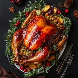 A beautifully browned and gleaming turkey sits at center stage of your Christmas dinner table. Its skin evokes a flawless, golden hue under the soft lighting. Glistening cranberry glaze lends a satisfying sheen and a pop of festive color. Peeping from within, hints of a beautifully packed chestnut stuffing provide exciting contrast and texture. The turkey is elegantly garnished with a generous sprinkle of fresh herbs and circled by an arrangement of roasted winter vegetables and vibrant fresh cranberry fruits.