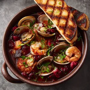 A deep, ruby-red stew in a rustic earthenware bowl. Succulent shrimp and juicy clams perched atop a flavorful broth studded with vibrant red cranberries and fresh green herbs. A couple of grilled crusty bread slices lean against the stew, ready to dip.