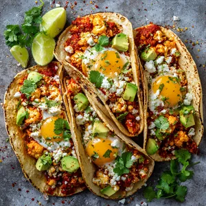 Perfectly plump corn tortillas cradle a captivating concoction of fiery red shakshuka imbued with caramelized cauliflower florets. The dish glows with contrasting bursts of lime green avocado slices, flecks of brilliant white feta cheese, and vivid yellow egg yolks. A sprinkle of coriander leaves create a refreshing, lively topping.