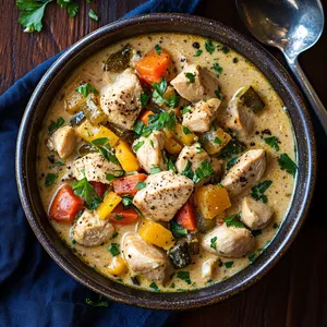 A rustic bowl filled with chunks of golden chicken and a medley of colorful vegetables submerged in a rich and creamy white sauce. The soup has a garnish of fresh green herbs on top. Contrast is provided by a deep blue napkin and a silver spoon resting on a dark wooden table