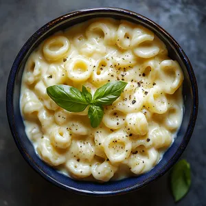 Vibrant, yellow, elbow macaroni noodles blanketed in a luscious, creamy white sauce speckled with golden bits of sunchoke. The dish is garnished with fresh basil leaves, offering a colorful contrast. It's served in a navy blue ceramic baking dish that complements the warm colors of the pasta.