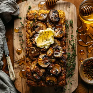 A warm golden brown bread loaf studded with the richness of lightly toasted Cremini mushrooms. A generous slab of honey butter is melting on top, seeping into the crevices of the bread, all plated on a rustic wooden cutting board with fresh thyme sprigs and a scattering of honey drops.