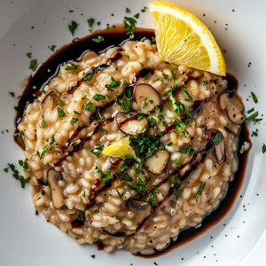 A generous serving of creamy risotto sits in the center of a pure white plate. The risotto itself is a deep, earthy brown, with distinguished grains of Arborio rice and pieces of Cremini mushrooms peeking through. Green specks of fresh parsley are sprinkled atop, offering a contrast of colors. Drizzled over the top of the dish is a glossy, deep brown balsamic glaze that trails off onto the white plate. A slice of lemon sits at the edge of the risotto as a garnish, its bright yellow hue inviting diners to squeeze and stir it in.