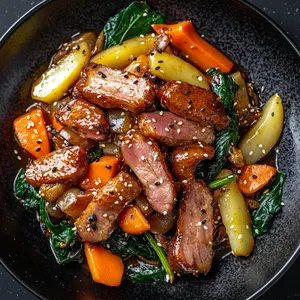 A pops of vibrant colors with deep brown glazed duck slices scattered on top of the slightly translucent stir-fried winter veggies, such as orange carrots, deep green Swiss chard, and pale yellow parsnips. It all sits under a glossy chestnut oyster sauce glaze, sprinkled with black sesame seeds. The stir-fry is plated on a black dish to contrast the vivid color palette of the meal.