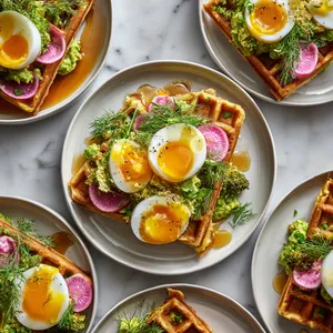 From above, four golden quartered waffles are arranged on a large platter with swoops of bright green broccoli smash, halved jammy eggs with glowing yolks, thin pink radish slices, scattered dill and chives, lemon zest, and a glossy drizzle of chili honey over white plates.