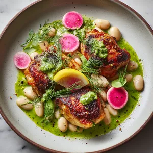 From above, a wide shallow plate shows golden crispy chicken thighs over glossy white beans, surrounded by pink-edged roasted radishes and streaks of vivid green scallion sauce, finished with sliced scallions, dill, cracked pepper, and a lemon wedge for a bright, elegant contrast.