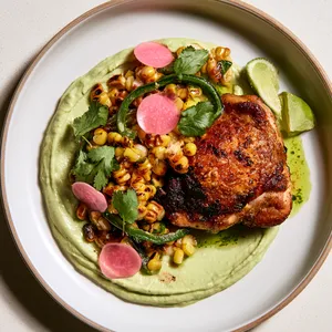 From above, golden-brown chicken thighs sit over swirls of pale green avocado crema, topped with glossy charred corn, poblano strips, pink radish coins, cilantro leaves, and a few lime wedges for a vibrant, modern farmhouse look.