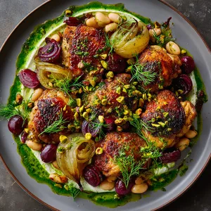 From above, a wide shallow platter shows golden crisp-skinned chicken thighs over a swirl of creamy white beans, surrounded by caramelized turnip wedges, blistered red grapes, and fennel ribbons. A vivid green pistachio-herb drizzle is spooned in loose arcs, finished with dill fronds, lemon zest, flaky salt, and scattered chopped pistachios for dramatic contrast.