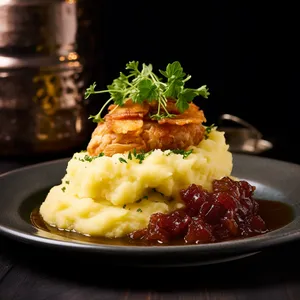 The centerpiece on the plate is the golden-brown crispy Eisbein, clearly visible with its caramelized skin and meaty robustness. On one side, there lies a nest of deeply-colored, tangy sauerkraut. On the other side, mounds of creamy potato mash with specks of fresh herbs - altogether, this plate tells a tale of hearty German festivities.