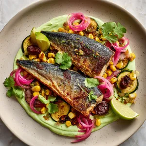 From above, two golden mackerel fillets rest diagonally over a swipe of pale green avocado-lime cream, surrounded by glossy charred corn, zucchini half-moons, ruby cherry-jalapeño salsa, cilantro leaves, pink pickled onions, and lime wedges for a bold, colorful, modern plate.