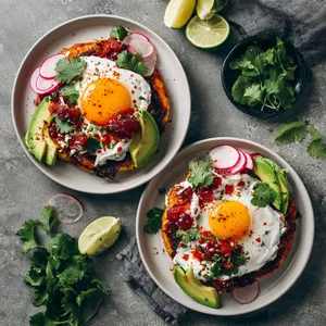 From above, two wide white plates hold golden masa cakes layered with a swoosh of whipped white cheese, halved jammy eggs, glossy ruby plum salsa, avocado fans, cilantro leaves, radish slices, and a dusting of chili, with lime wedges tucked at the side.