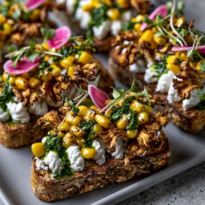 From above, a platter of four rustic toasts topped with ruffled golden-brown oyster mushrooms, snowy swooshes of whipped ricotta, glossy yellow corn kernels, deep green basil oil, pink radish slices, and scattered microgreens for a vibrant, high-contrast finish.