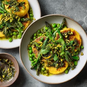 From above, two shallow bowls hold golden seared polenta rounds topped with glossy roasted asparagus spears and bright green peas, scattered with chopped pistachios, mint, and parsley. Spoonfuls of vivid green salsa verde glisten over the top, with thin lemon zest ribbons and cracked black pepper creating a fresh, high-contrast, restaurant-style finish.