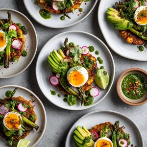 From above, four plates show golden, lacy potato cakes topped with diagonally placed charred asparagus, halved jammy eggs with glowing yolks, fanned avocado slices, and vivid green parsley-pepita salsa drizzled in loose ribbons. Radish slices, pickled onion curls, chili flakes, and lime wedges add jewel-like pops of pink, red, and citrus against matte white plates.