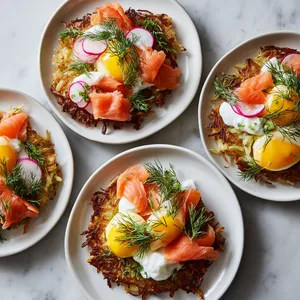 From above, four golden rösti rounds sit on white plates, each crowned with glossy pale-green leeks, soft yellow eggs, coral ribbons of smoked trout, tiny pink radish slices, feathery dill, chive batons, and delicate dots of crème fraîche with a lemony sheen.