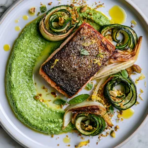 From above, a wide white plate shows a swoosh of bright green crema, topped with a crisp-skinned salmon fillet. Around it sit loose curls of charred zucchini ribbons and bronze-edged fennel wedges, finished with scattered pistachio crumbs, tiny basil leaves, lemon zest, and glossy olive oil droplets.