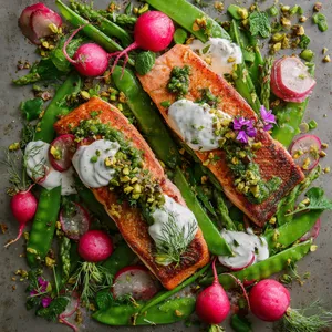 From above, two blush-centered salmon fillets sit over a swoop of lemony yogurt and a tumble of blistered snap peas and rosy roasted radishes, finished with glossy green cilantro-pistachio relish, scattered herbs, crushed pistachios, and thin ribbons of lemon zest.