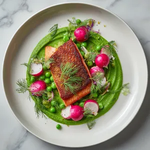 From above, a wide white plate shows a swoosh of vivid green purée topped with golden crisp-skinned salmon, surrounded by glossy pink-and-white radishes, scattered pea shoots, lemon zest, and tiny dill fronds, with a delicate ring of shimmering vinaigrette.