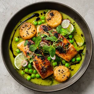 From above, a shallow bowl shows a jade-green broth pooled around two golden salmon fillets, tucked beside round, deeply crisp scallion rice cakes. Bright peas, radish ribbons, mint leaves, and black sesame scatter across the surface, with lime wedges and a glossy chili oil swirl for dramatic contrast.