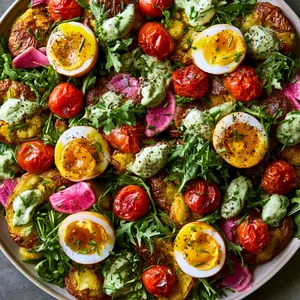 From above, a wide platter of golden smashed potatoes forms the base, topped with halved jammy eggs, glossy blistered cherry tomatoes, feathery arugula, pink radish slices, and scattered chives, all finished with swooshes of pale green basil yogurt and cracked black pepper.