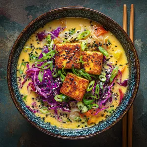 The brightly coloured cabbage floating on the creamy miso broth enhances the visual appeal. The crispy tofu squares on top provide a textural contrast. The soup is garnished with green onions and black sesame seeds, making the dish pop even more!