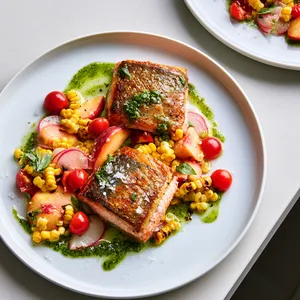 From above, two golden trout fillets sit slightly off-center on wide white plates, surrounded by a tumble of charred yellow corn, ruby cherry tomatoes, and blushing peach wedges. Bright green oregano sauce is swooshed underneath and dotted over the fish, with flaky salt, thin radish slices, and tiny basil leaves adding contrast and a striking, summery finish.