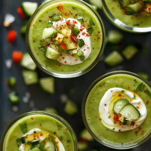 The vibrant, light green gazpacho is artfully served in petite, clear shot glasses, exhibiting its tantalizing freshness. Garnished with a tempting swirl of yogurt on top, this dish is sprinkled with finely chopped red bell peppers, providing a touch of allure with its contrasting color.