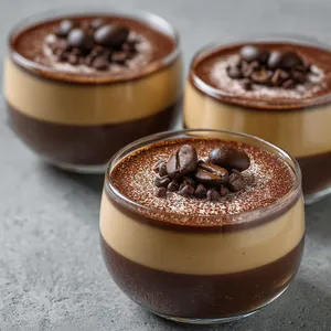 Looking from the top, you view round glass dessert bowls revealing layers distinct in color. The bottom is the luscious, dark brown, coffee-infused panna cotta, followed by a middle layer of faint caramel-colored white chocolate ganache and topped with a velvety chocolate coffee creme. Dusted on top are roasted cocoa nibs and a couple of coffee beans adding a garnish touch that screams sophistication.