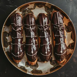 Gorgeous éclairs lined up on a sky-star themed plate, each shining in their glossy, rich and dark chocolate armor. Their exteriors mimic the sleek silhouette of Darth Vader's helmet, with a precise streak of contrasting white royal icing, depicting the character's iconic mask design.