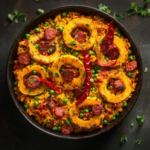 This vibrant dish draws the eye with its vivid color palette: golden brown Delicata squash rings resting on a bed of saffron-infused, sun-yellow rice studded with nuggets of spicy red chorizo. Scattered emerald green peas add a pop of contrast, and the dish is garnished with bright red strips of roasted red peppers and a sprinkle of chopped parsley. It's all served in a rustic paella pan, accentuating the authenticity of the dish.