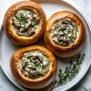 A warm golden brioche bowl is generously filled with creamy Dijon-flavored Cremini mushrooms, flecked with vibrant green herbs. Set against a crisp white plate, the dish is garnished with a fresh sprig of thyme. The brioche dome tops, lightly toasted, lay gently askew, revealing the irresistible filling inside.